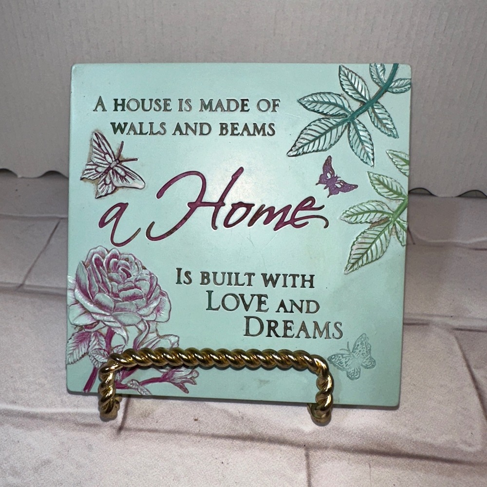 Vintage Style Inspirational‎ Home Quote Wall Plaque Teal Floral Butterfly Tile